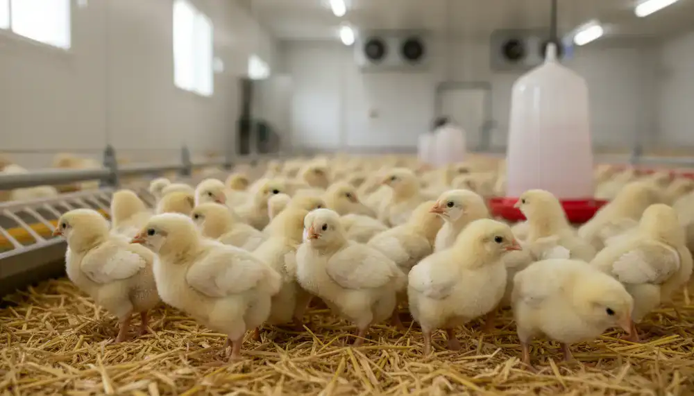 Commercial layer chicks grouped together