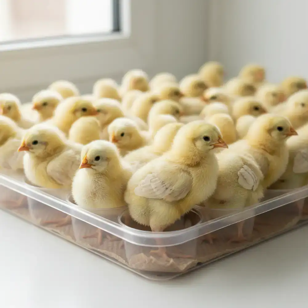 Healthy chicks in an early development phase tray