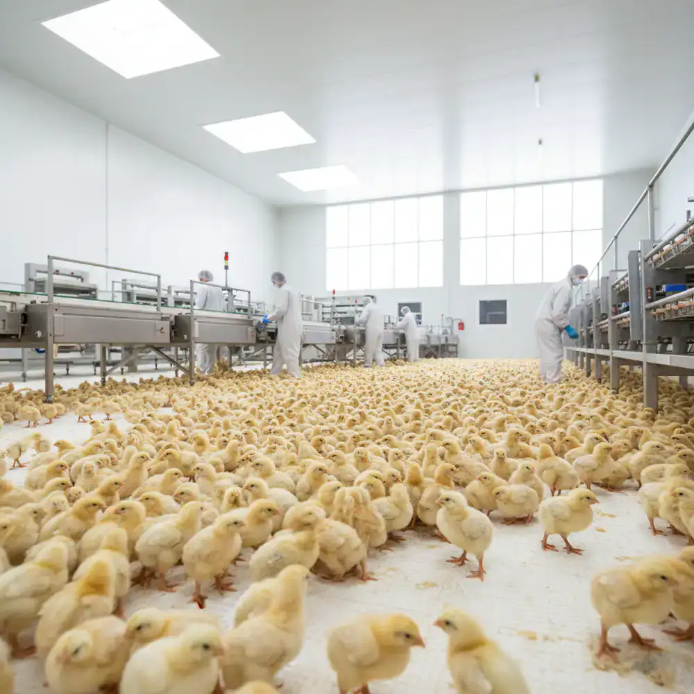 A large group of healthy chicks in a modern commercial hatchery environment