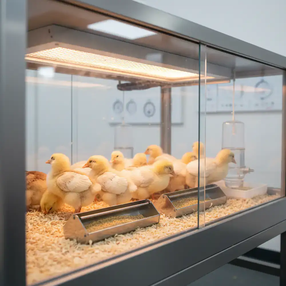 Young poultry stock in a climate-controlled brooder
