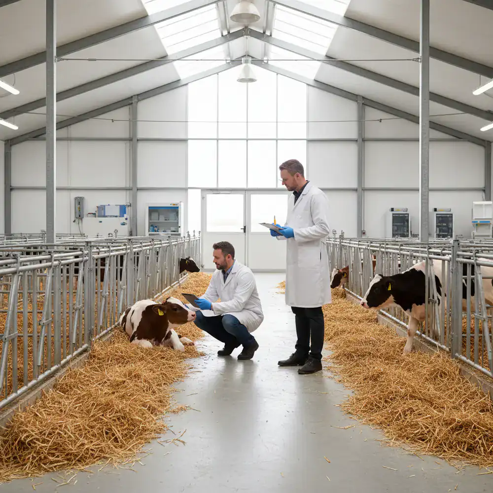 Agricultural staff monitoring young stock conditions