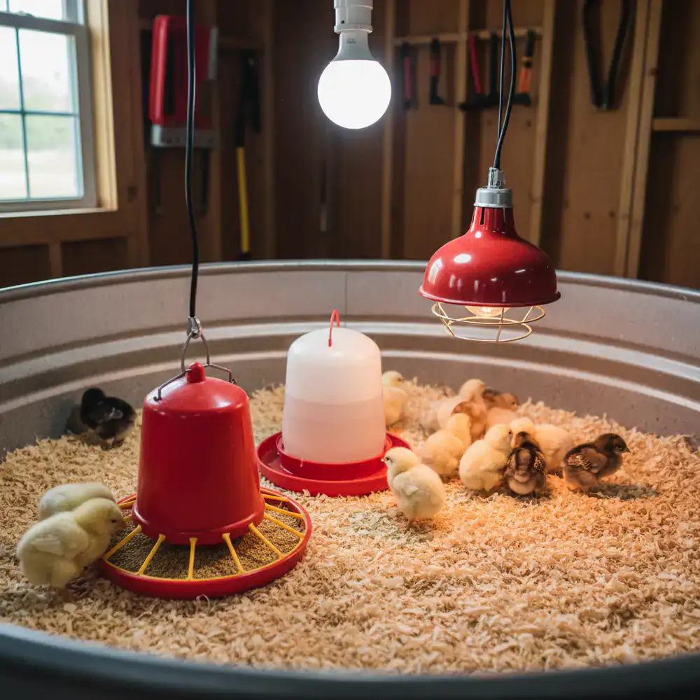 A complete chick starter setup with feed, waterer, and heat source