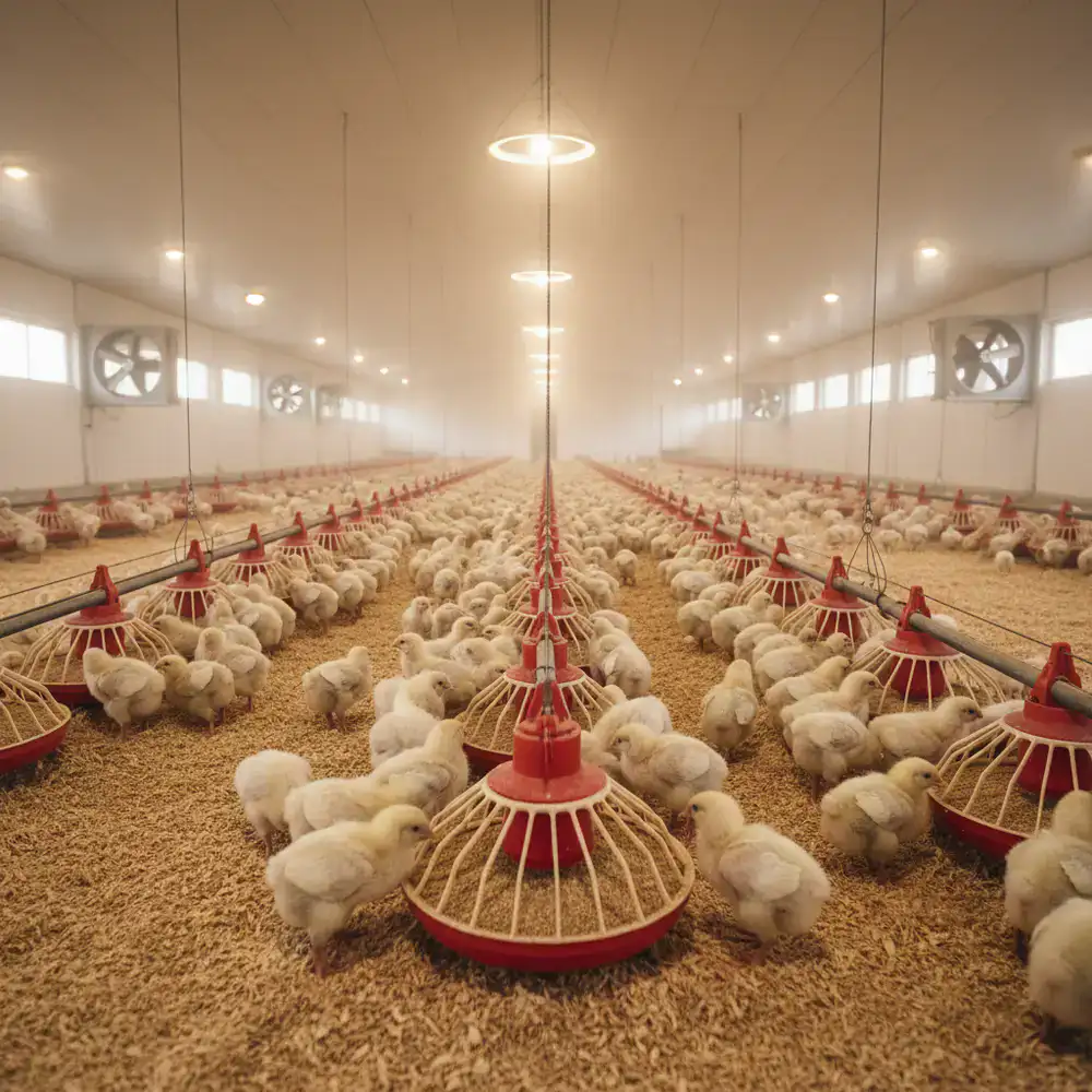 Commercial broiler chicks feeding in a controlled environment